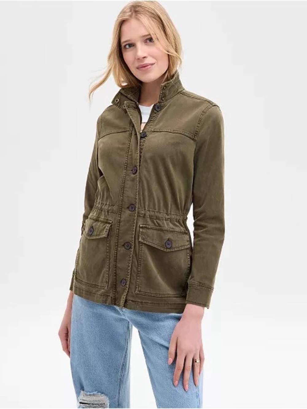 LUCKY BRAND | Olive Green Zipper & Button Cargo Utility Jacket Cinched Waist L